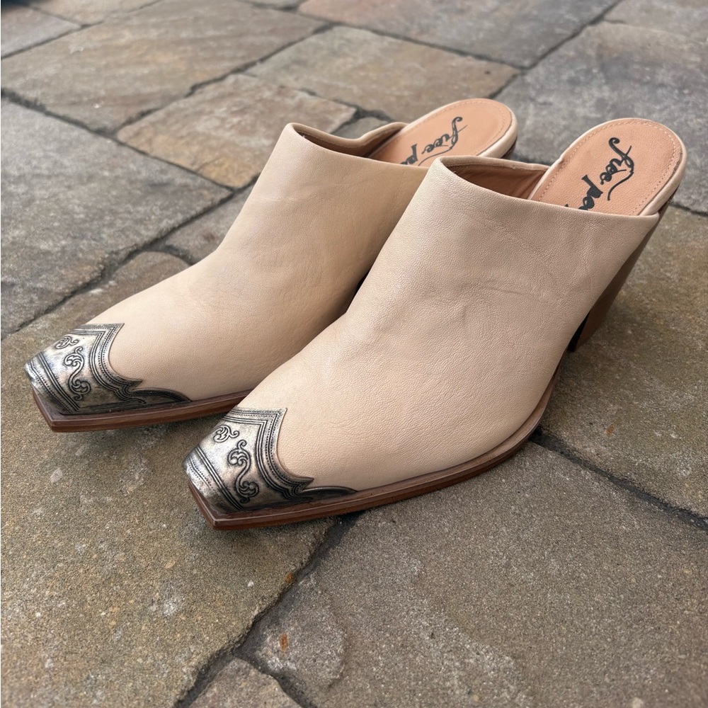 Free People Cream Leather Mules with Silver Detailing